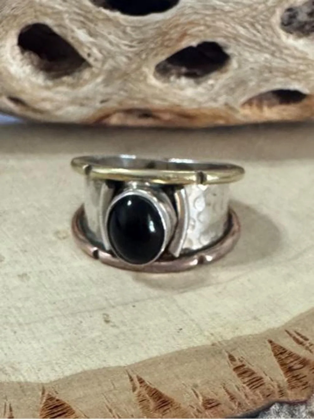 925 Sterling Silver Gold-tone Brass Black Onyx Gemstone Ring Size 8.5